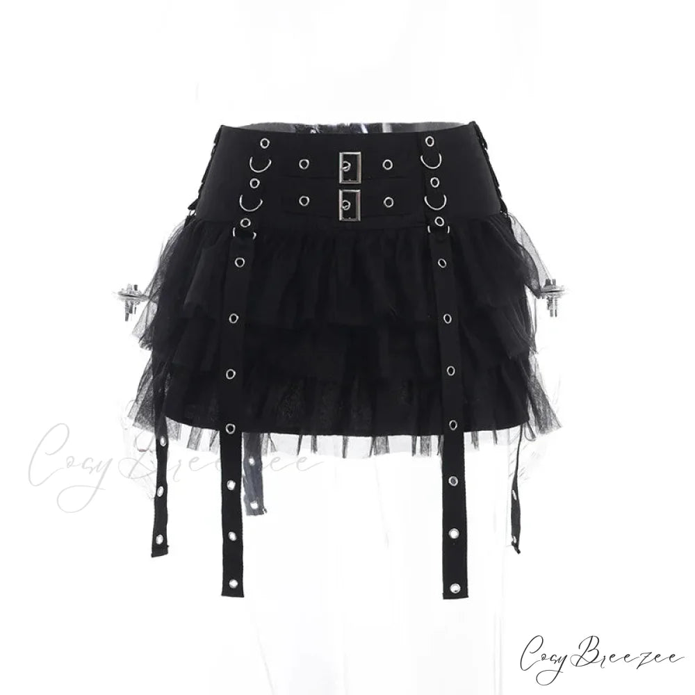 Mall Goth Black Pleated Mini with Chain Women’s High Waisted Tennis Fairy Grunge Aesthetic E Girl Skirt Black / S