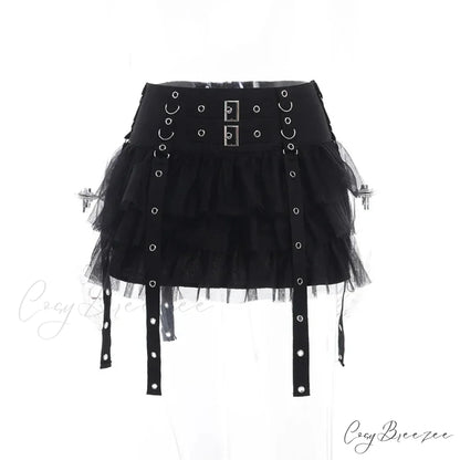 Mall Goth Black Pleated Mini with Chain Women’s High Waisted Tennis Fairy Grunge Aesthetic E Girl Skirt Black / S