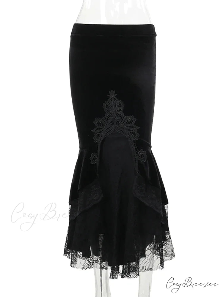 Mall Goth High Waist Ruffle Fishtail Half Women Slim Fold Elastic Wrapped Hip Sweet Skirt Black / S