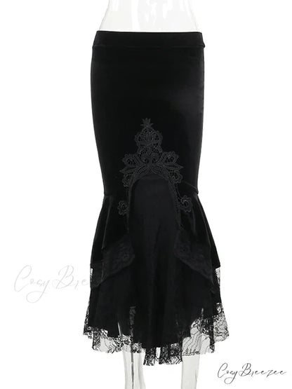 Mall Goth High Waist Ruffle Fishtail Half Women Slim Fold Elastic Wrapped Hip Sweet Skirt Black / S