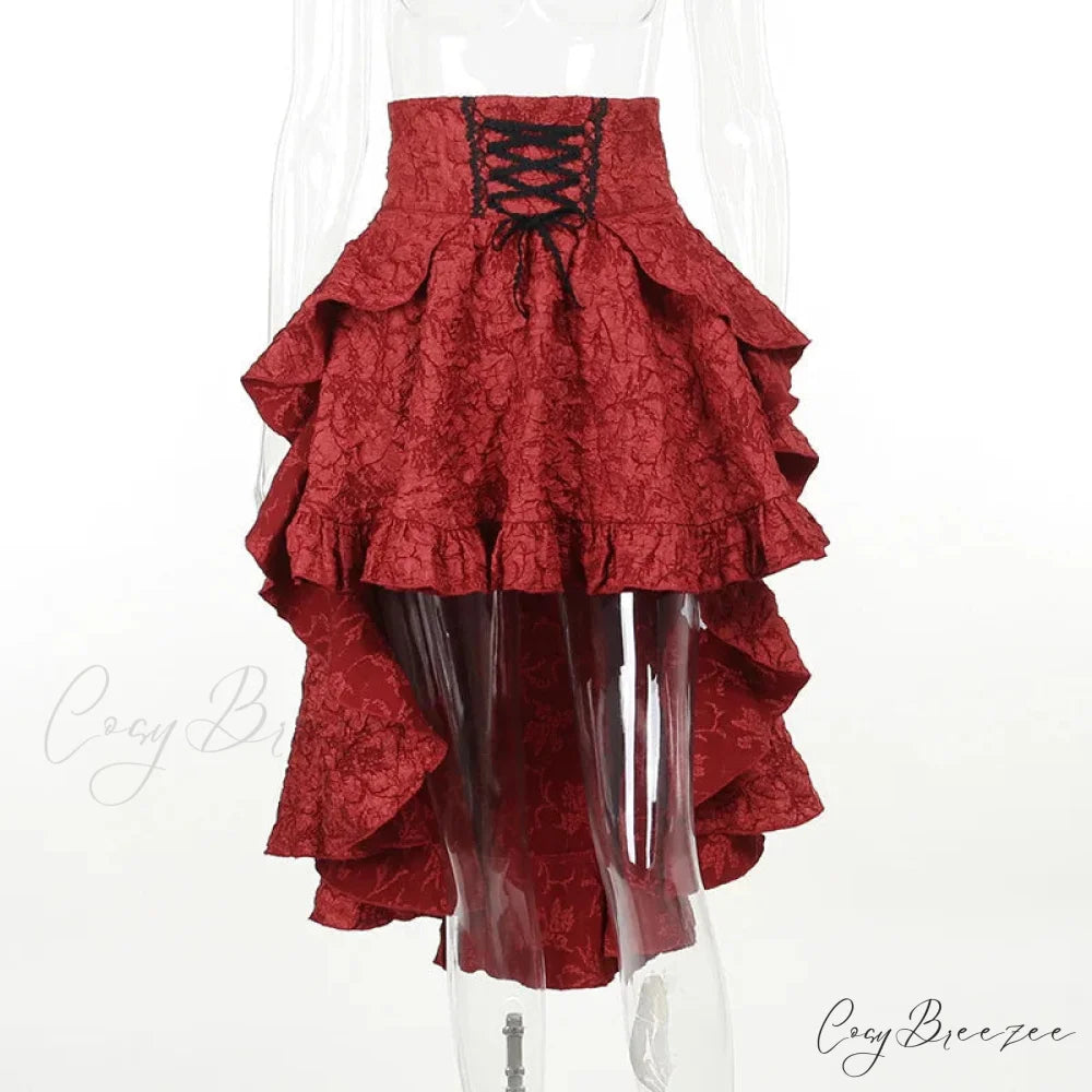 Mall Goth High Waist Swallowtail Women’s SteamVintage Lace Up Asymmetrical High Low Skirt Red / S