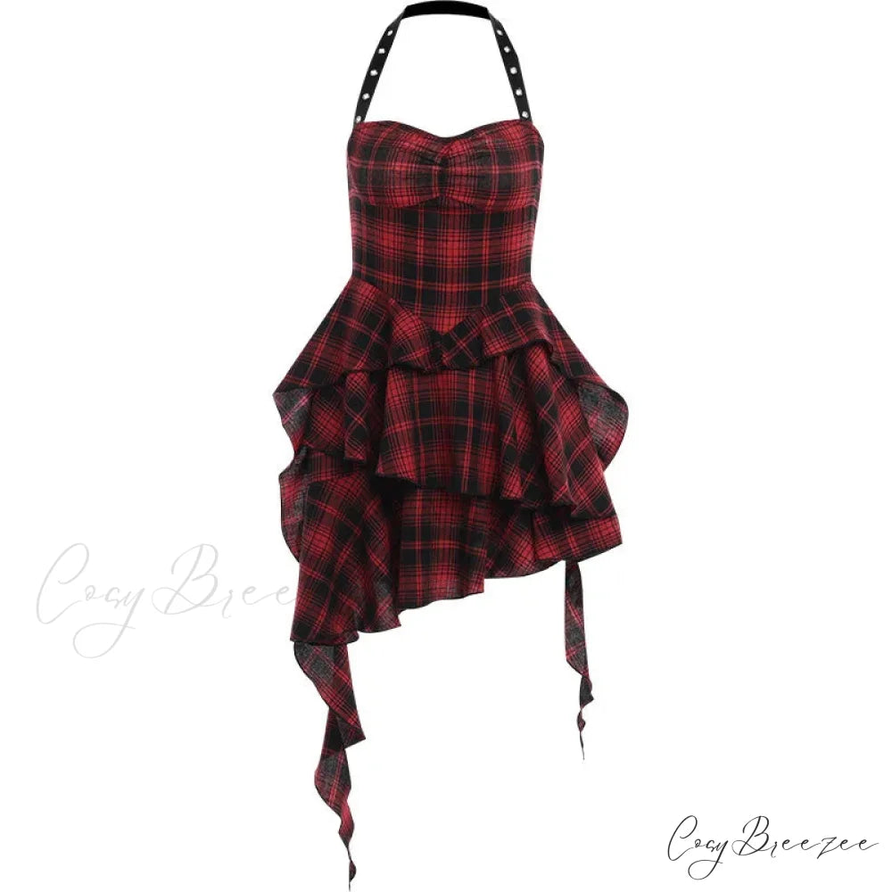 Mall Goth Lolita Red Plaid Streetwear Harajuku Punk Y2K E-girl High Waist IrRegular Gothic Dress