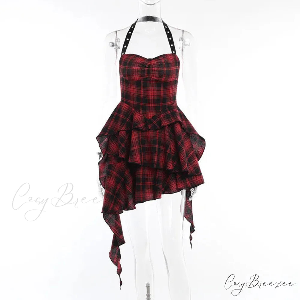 Mall Goth Lolita Red Plaid Streetwear Harajuku Punk Y2K E-girl High Waist IrRegular Gothic Dress Beige / L