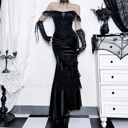 Mall Goth Velvet Fishtail Women Vintage Jacquard Hip Wrap Fairy Grunge Victorian Ladies SteamLong Skirt