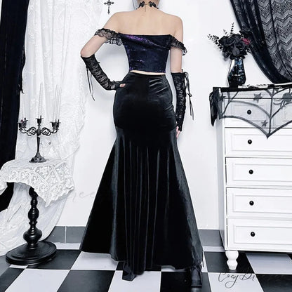 Mall Goth Velvet Fishtail Women Vintage Jacquard Hip Wrap Fairy Grunge Victorian Ladies SteamLong Skirt