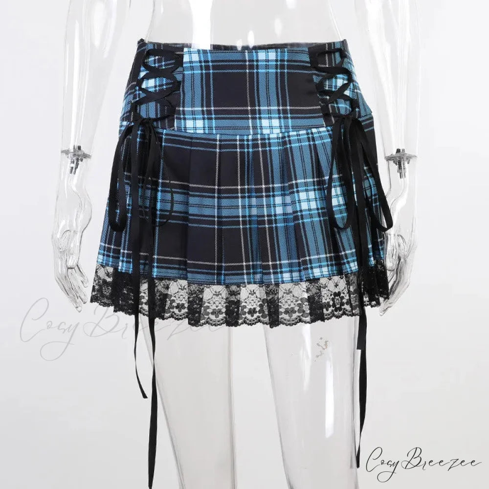 Mall Gothic Grunge Summer Mini Women Y2K Vintage Lace Harajuku Streetwear High Waist Bandage Sexy Skirt Blue / S