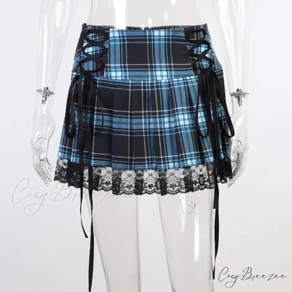 Mall Gothic Grunge Summer Mini Women Y2K Vintage Lace Harajuku Streetwear High Waist Bandage Sexy Skirt Blue / S