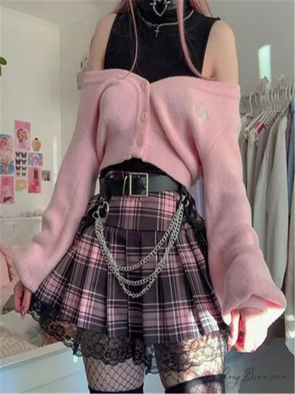 Mall Gothic Grunge Summer Mini Women Y2K Vintage Lace Harajuku Streetwear High Waist Bandage Sexy Skirt Pink / S