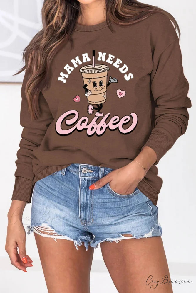 Mama Coffee Graphic Sweatshirt Brown / S