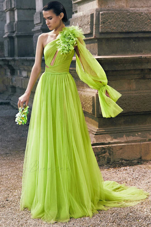 Marchesa Illusion One-Shoulder Trendy Tulle Maxi Dress Neon Green / 2