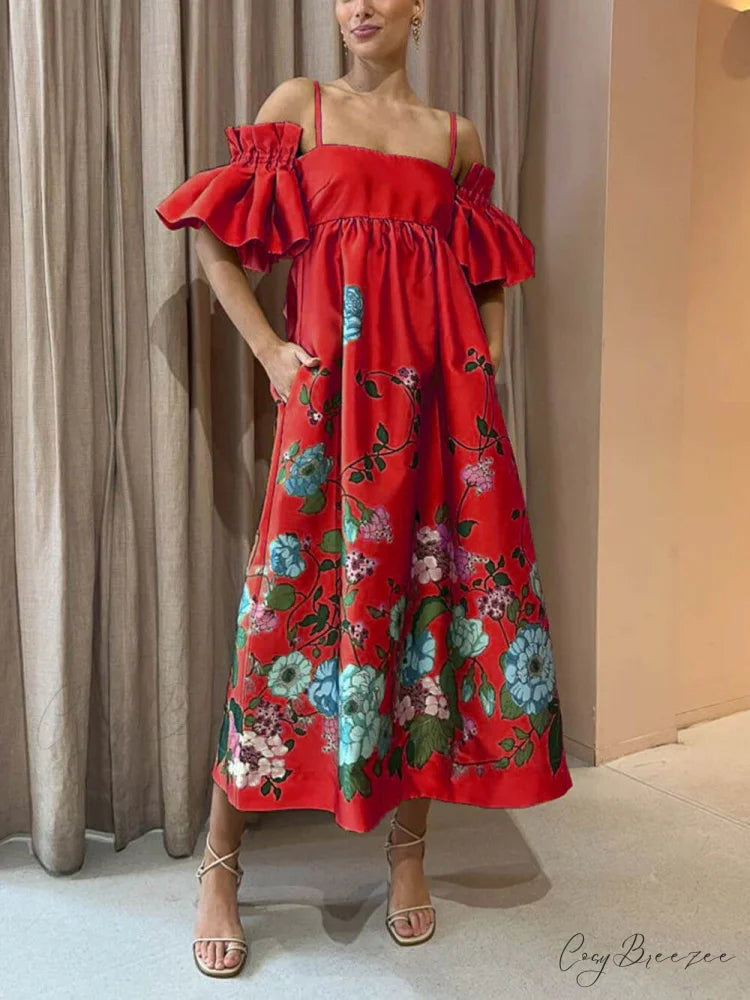 Marigold Printed Gathered Sleeve Graceful Pocketed A-Line Midi Dress Red / S