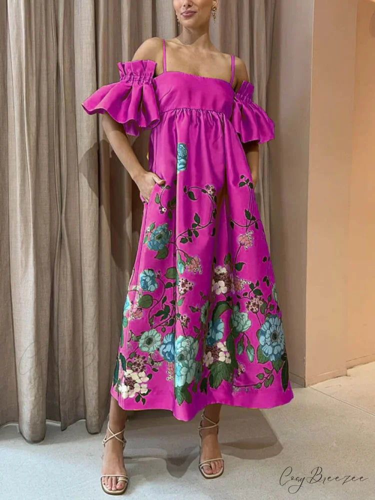 Marigold Printed Gathered Sleeve Graceful Pocketed A-Line Midi Dress Rose Red / S