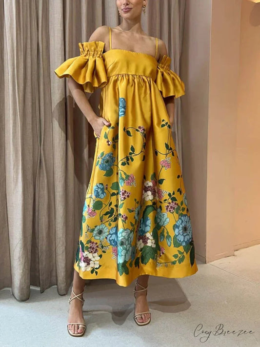 Marigold Printed Gathered Sleeve Graceful Pocketed A-Line Midi Dress Yellow / S