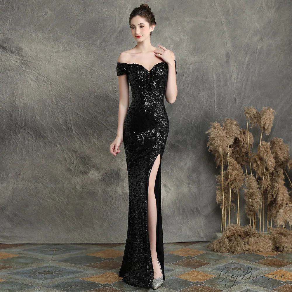 Marzia Formal Stylish Sequined Slit Dress BLACK / XS