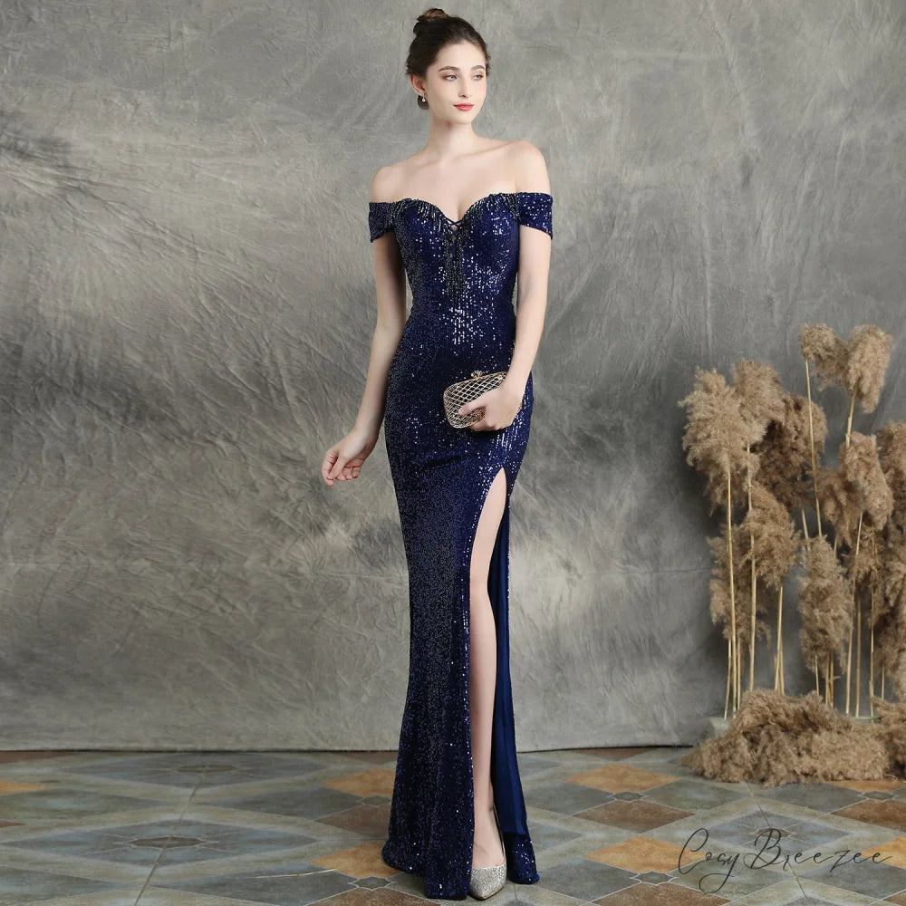 Marzia Formal Stylish Sequined Slit Dress NAVY / XS