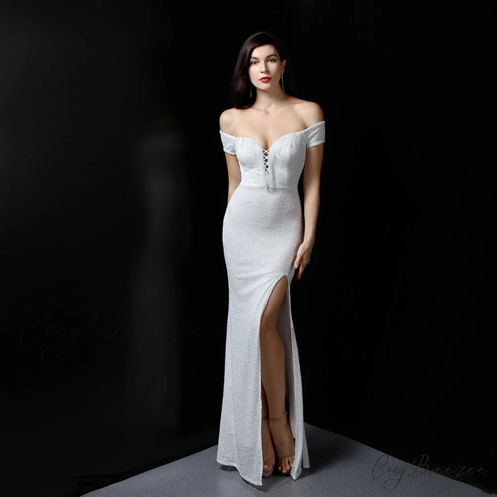 Marzia Formal Stylish Sequined Slit Dress WHITE / XS