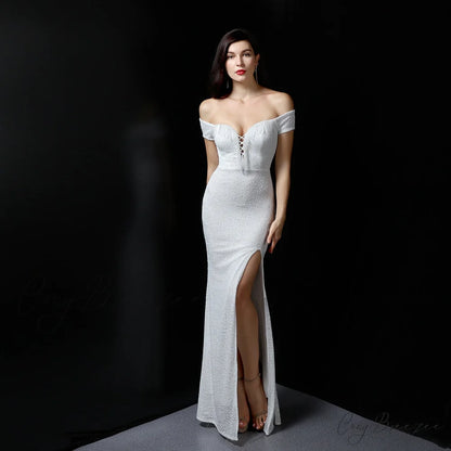 Marzia Formal Stylish Sequined Slit Dress WHITE / XS