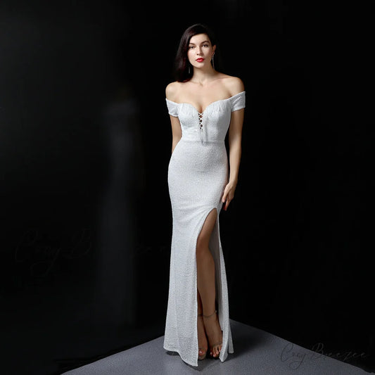 Marzia Formal Stylish Sequined Slit Dress WHITE / XS