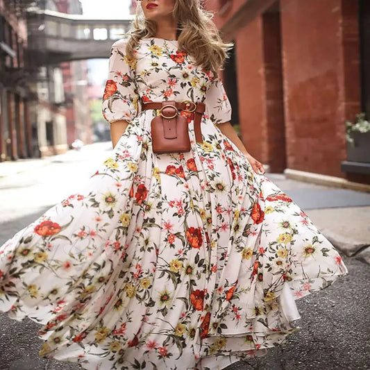 Maxi Dress Flower Print Pleated Swing Evening Dress floraldress-250126