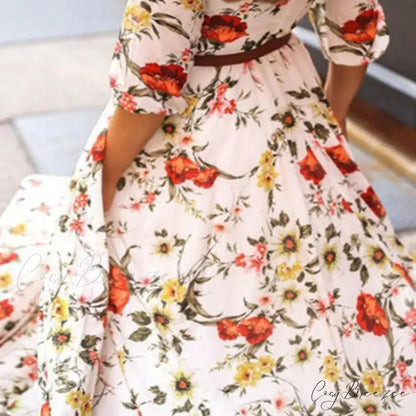 Maxi Dress Flower Print Pleated Swing Evening Dress floraldress-250126