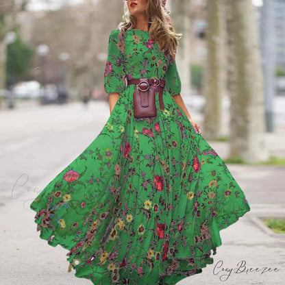 Maxi Dress Flower Print Pleated Swing Evening Dress Green / S floraldress-250126
