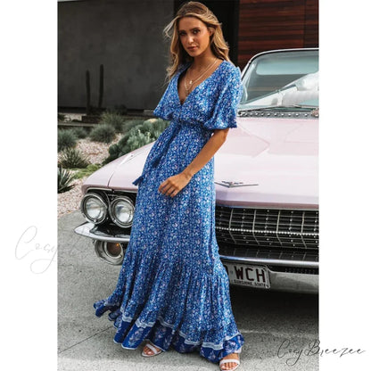 Maxi Dresses for Women Cotton Rayon Blue Floral Print Deep V-neck Boho Summer Dress bohodress-250126