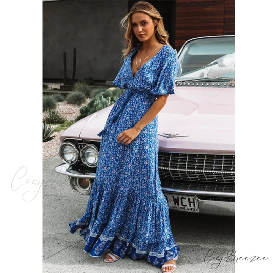 Maxi Dresses for Women Cotton Rayon Blue Floral Print Deep V-neck Boho Summer Dress bohodress-250126