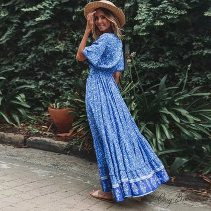 Maxi Dresses for Women Cotton Rayon Blue Floral Print Deep V-neck Boho Summer Dress bohodress-250126