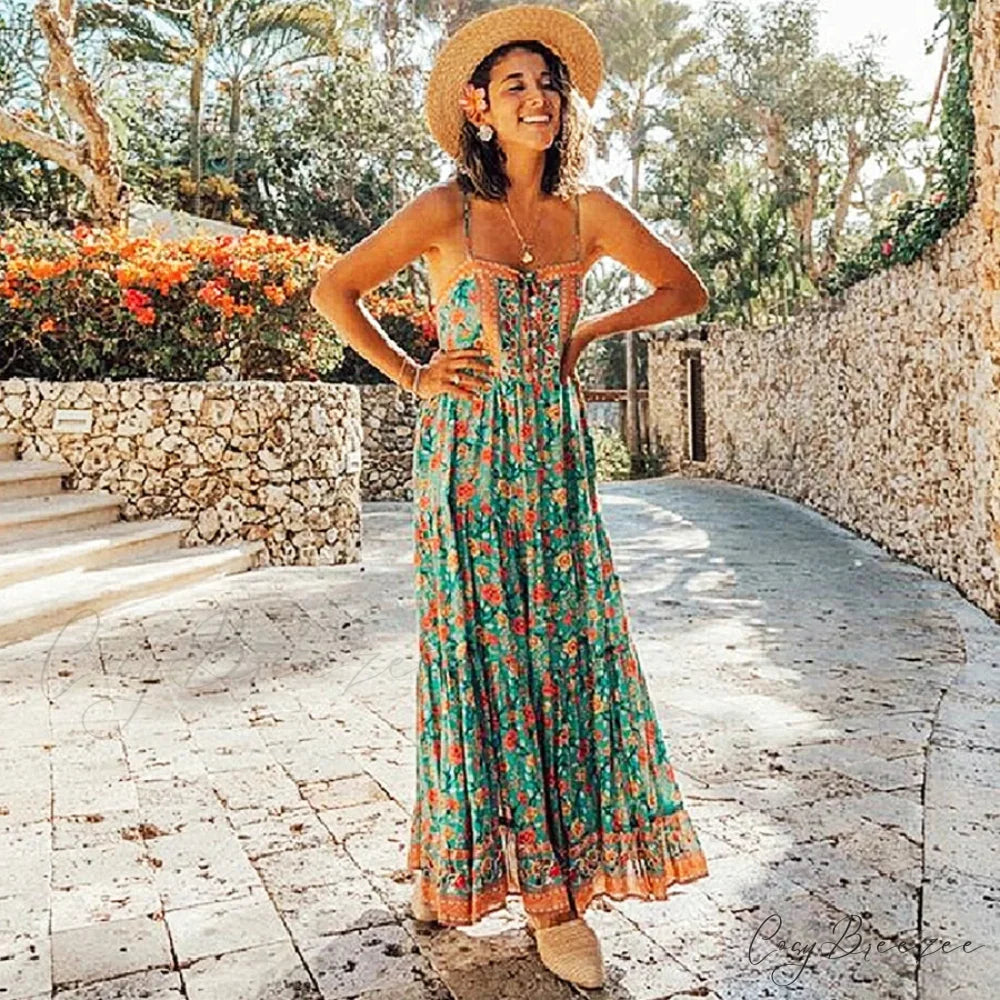 Maxi Strap Dress Green Rayon Floral Print Gypsy Summer Dress bohodress-250126