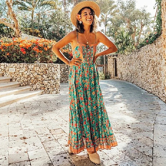Maxi Strap Dress Green Rayon Floral Print Gypsy Summer Dress bohodress-250126