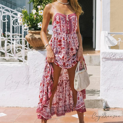 Maxi Strap Dress Green Rayon Floral Print Gypsy Summer Dress RED / S bohodress-250126