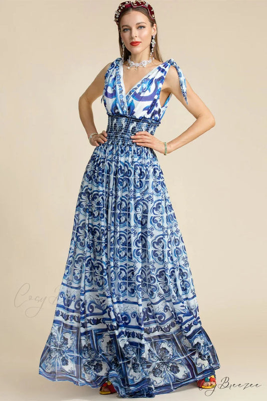 Mediterraneo Long Majolica Trendy Print Maxi Dress Blue / S