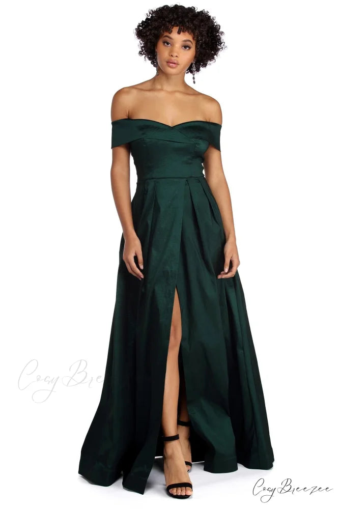 Megan Taffeta Off Charming The Shoulder Ball Gown HUNTER / XS