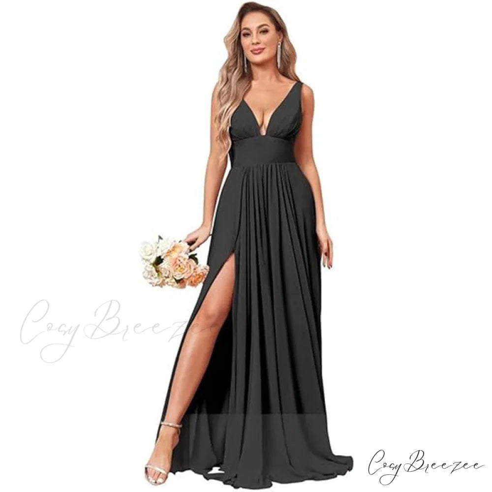 Melany Formal Stylish High Slit Dress Black / 2