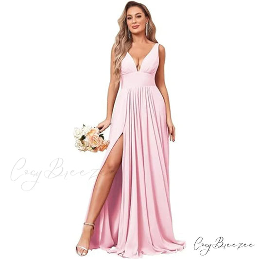 Melany Formal Stylish High Slit Dress Pink / 2