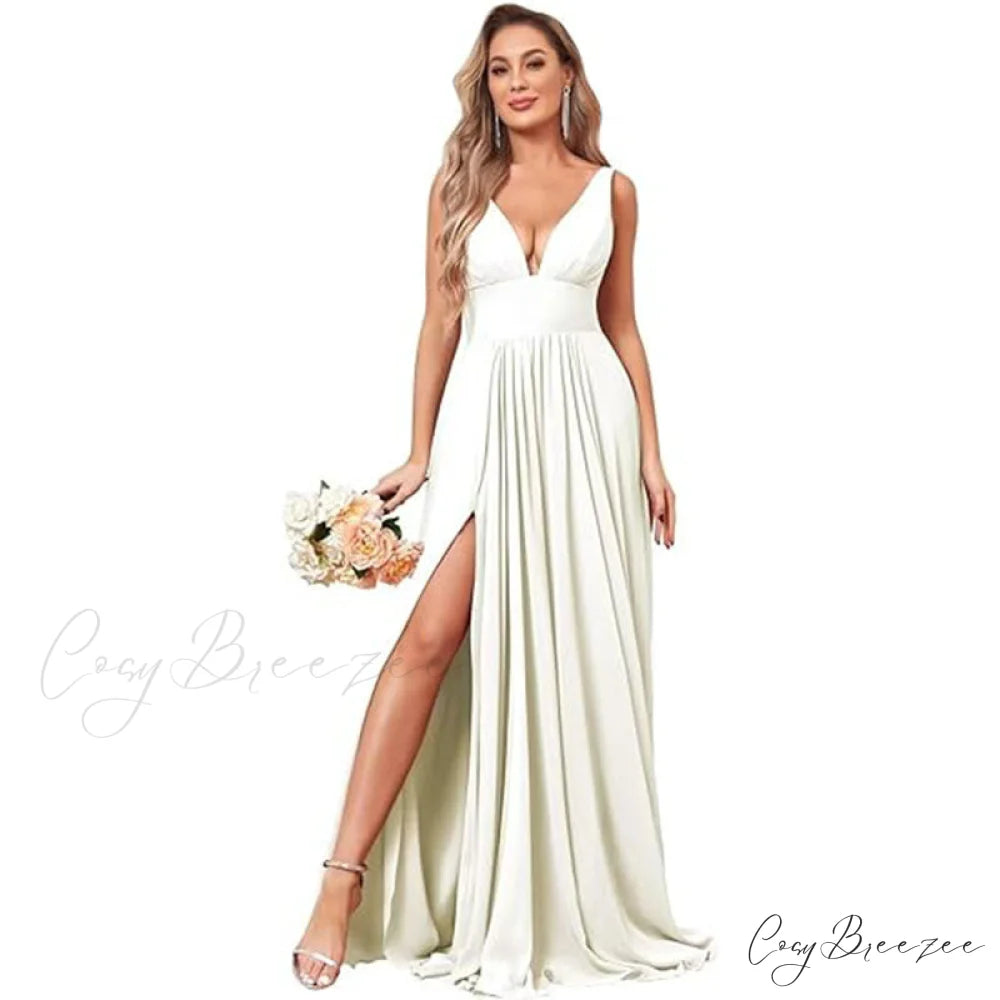 Melany Formal Stylish High Slit Dress White / 2
