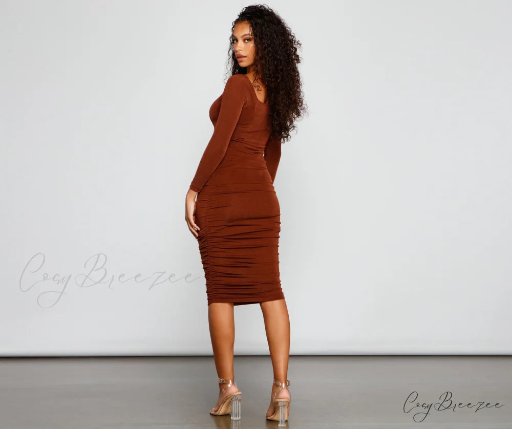 Melissa Long Sleeve Charming Ruched Midi Dress