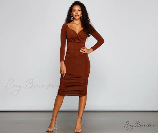 Melissa Long Sleeve Charming Ruched Midi Dress BROWN / XS