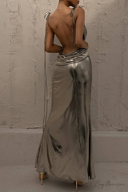 Mental Coating Tie-straps Backless Dress Light Gold / L