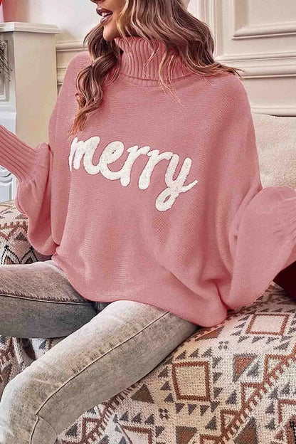 Merry Dolman Sleeve Turtleneck Knitted Sweater Coral / S