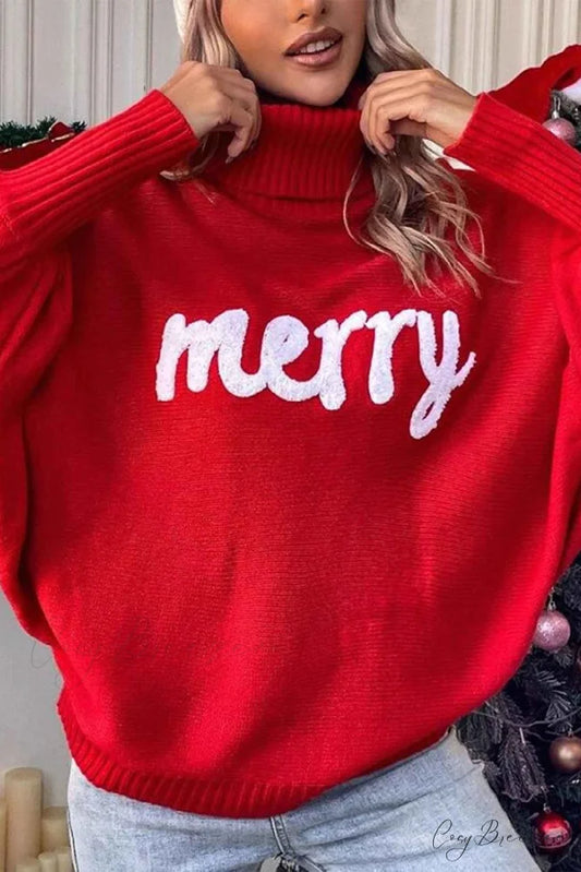 Merry Dolman Sleeve Turtleneck Knitted Sweater Red / S