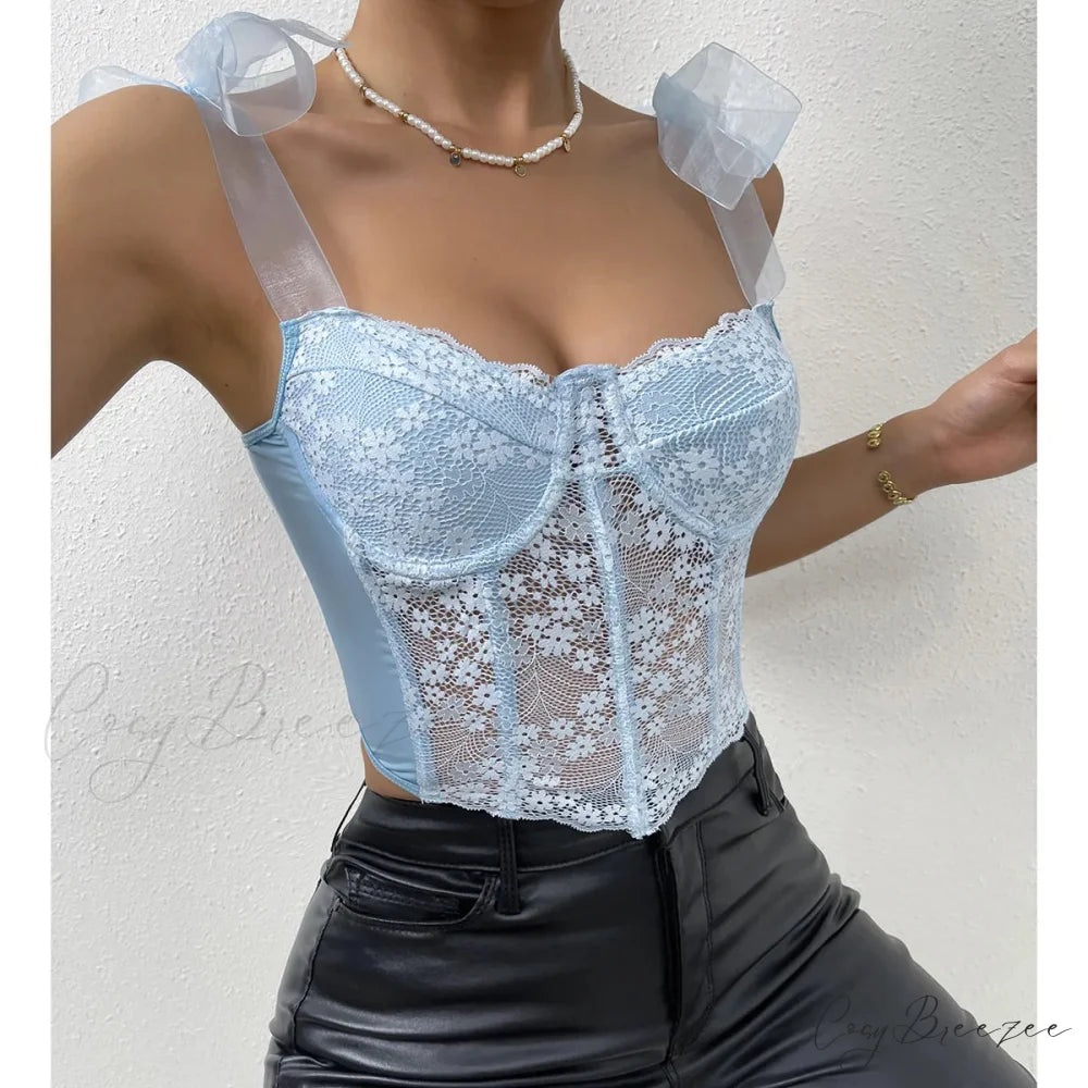 Mesh Bow Floral Corset Fishbone Crop Top croptop-250126