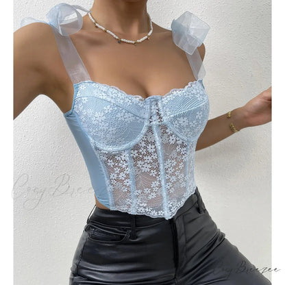 Mesh Bow Floral Corset Fishbone Crop Top croptop-250126