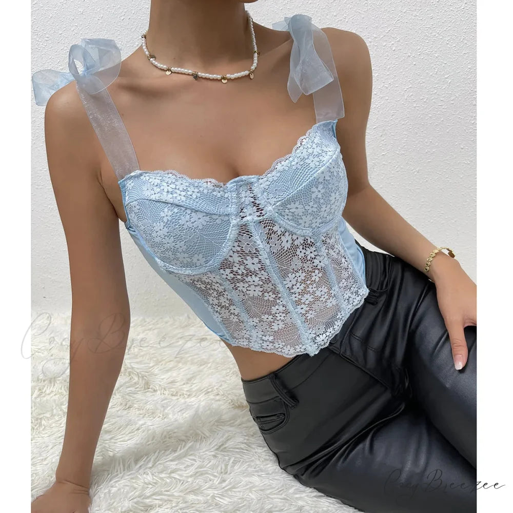Mesh Bow Floral Corset Fishbone Crop Top croptop-250126