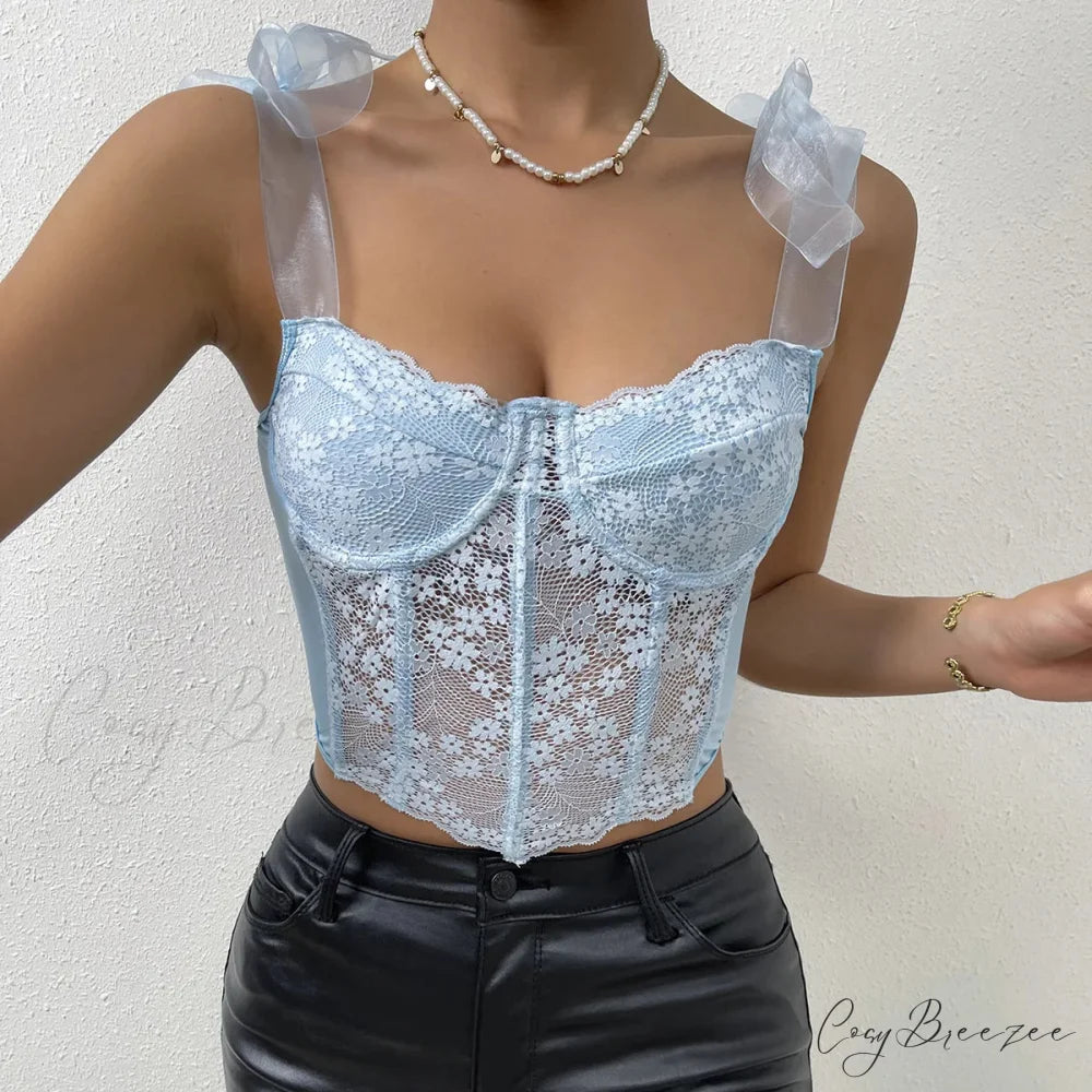 Mesh Bow Floral Corset Fishbone Crop Top croptop-250126
