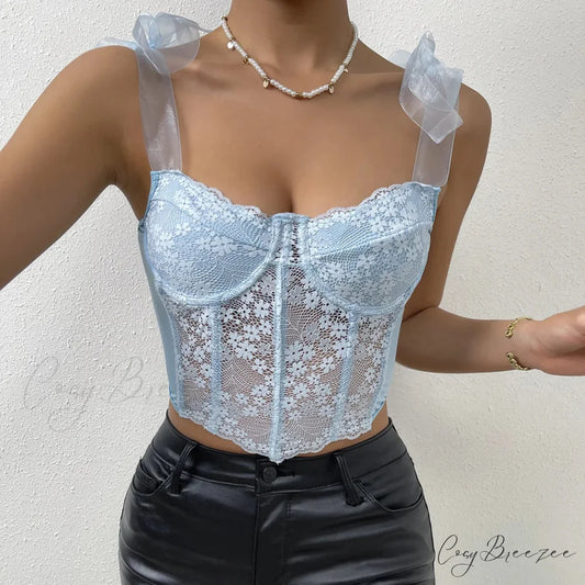 Mesh Bow Floral Corset Fishbone Crop Top croptop-250126