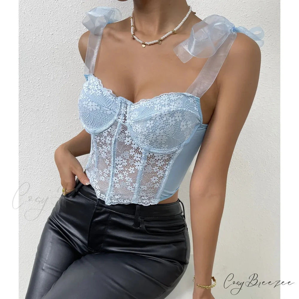 Mesh Bow Floral Corset Fishbone Crop Top croptop-250126