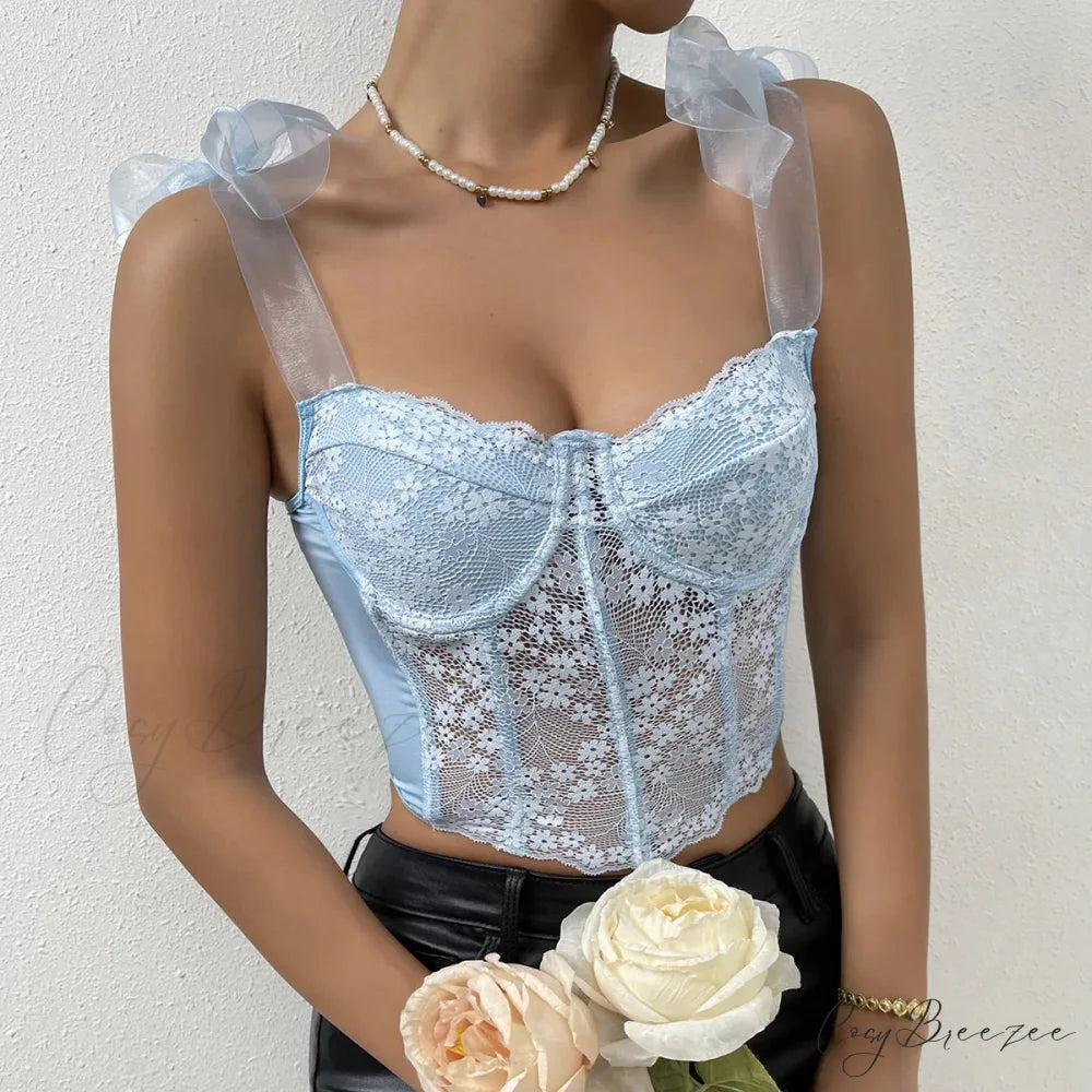 Mesh Bow Floral Corset Fishbone Crop Top croptop-250126
