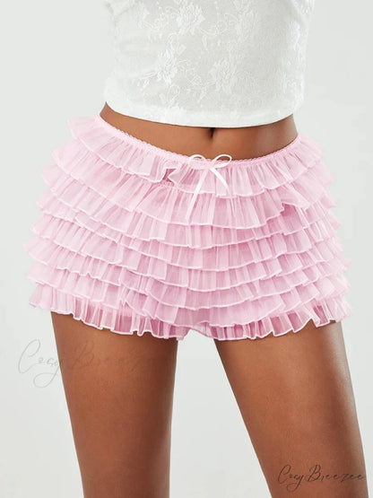 Mesh Bowknot Tiered Ruffle Shorts Pink / S short-250223