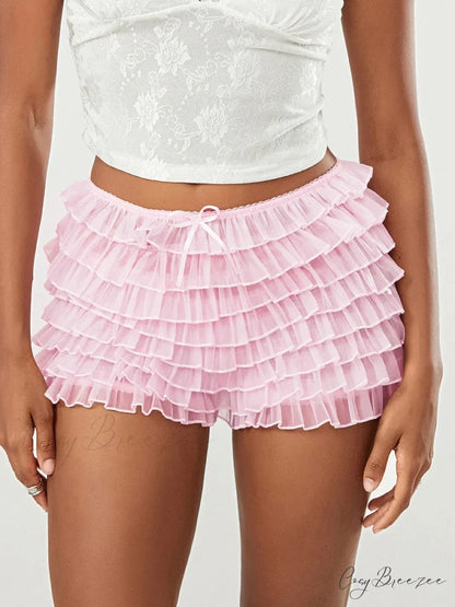 Mesh Bowknot Tiered Ruffle Shorts short-250223